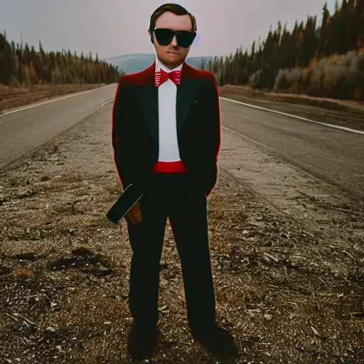 Prompt: grizzly bear with sunglasses wearing a suit with a red tie and has gold accents, cinematic, anamorphic, 8 0 mm f / 2. 8, real, 3 5 mm film, movie