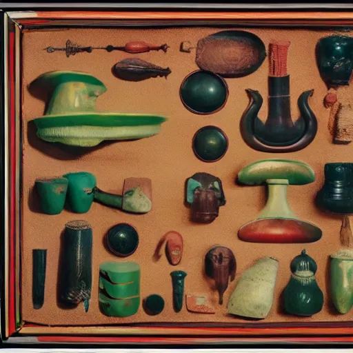Image similar to A three color offset photography of single ((ethnographic )) object on display, anthropology of wonder, surrealism, exotic artifacts, colonial expedition, exhibition, 60s style
