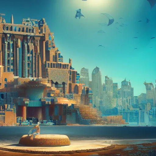 Image similar to establishing shot of atlantis, buildings made of shells with arabic patterns, modern mermaid standing on top of the hill against the morning sun, cinematic composition, concept art, artstation