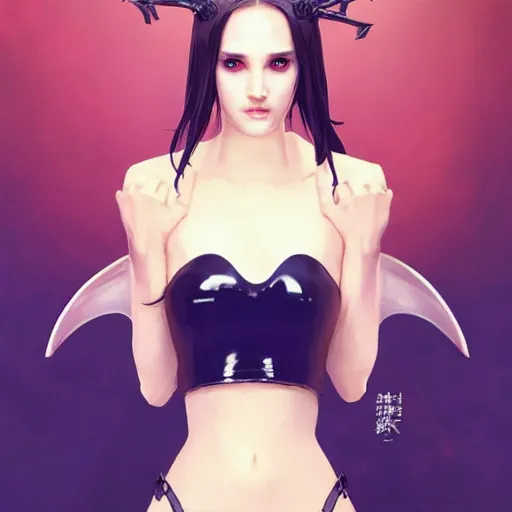 Image similar to a beautiful young japanese natalie portman alluring model in crop top, wearing a demonic latex mask that looks like an attractive succubus by guweiz and wlop and ilya kuvshinov and artgerm symmetrical eyes, aesthetic, gorgeous, stunning, attractive, artstation, deviantart, pinterest, digital art