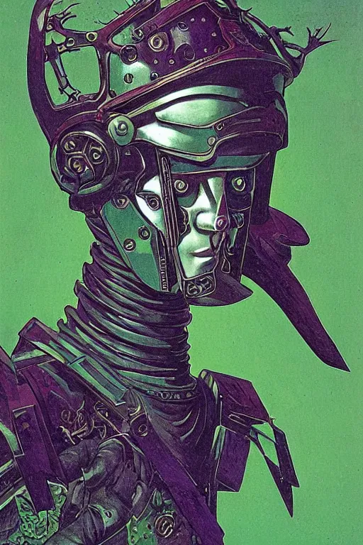 Prompt: portrait of gothic and futuristic young man, warhammer, cyberpunk armor, a lot of scars, thunderstorm, blue head, green eyes, some red and purple, the middle ages, highly detailed, artstation, in the style of moebius, jugendstil and classic japanese print, art by rene magritte and jean delville