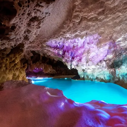 Image similar to photo inside a cave made of amethyst and and a hot spring