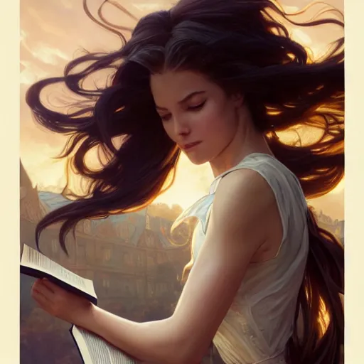 Image similar to a girl reading a book, dynamic action pose, hair flowing down, intricate, highly detailed, digital painting, artstation, concept art, smooth, sharp focus, illustration, Unreal Engine 5, 8K, art by artgerm and greg rutkowski and alphonse mucha