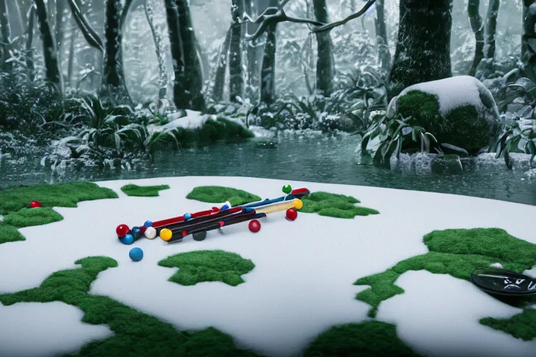 Image similar to fisher price pool table snowy jungle, octane render 85mm