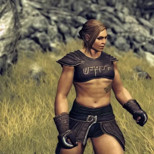 Prompt: character screenshot of ufc ronda rousey dc in skyrim, female armor, npc talking, wilderness, 1 0 8 0 p, bokeh, elder scrolls v, detailed, dialog text