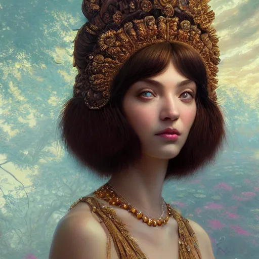 Prompt: gorgeous goddess of leo, fur, fractal silk. beauty portrait, ornate, chocolate. highly detailed, intricate background, digital painting by ilya kuvshinov, greg rutkowski, thomas kinkade, victo ngai. unreal engine, blender, octane, ray tracing. luminous, sharp focus, masterpiece, post processing 1 h 6 4 0