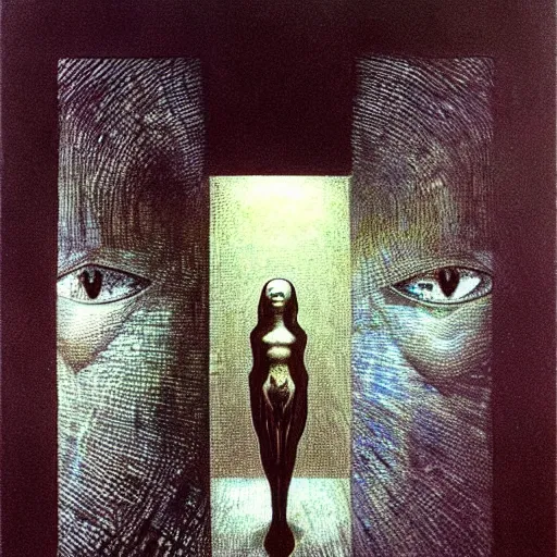 Image similar to The artificial intelligence recognizes its soul in the mirror - contest-winning artwork by Salvador Dali, Beksiński, Van Gogh, Giger, and Monet. Stunning lighting