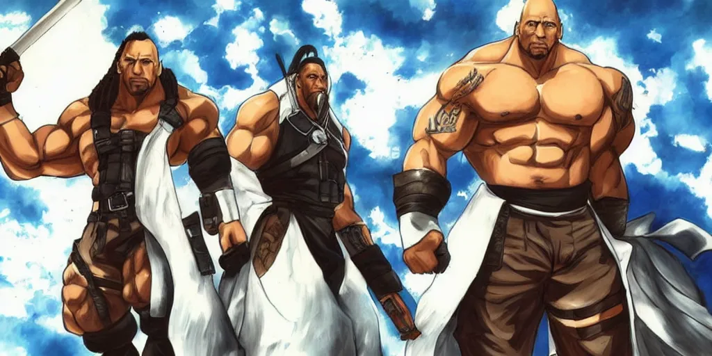 Image similar to anime portrait of dwayne johnson as barret from final fantasy 7