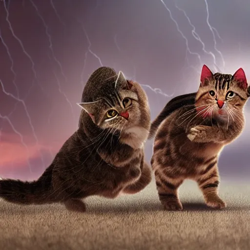 Image similar to film still of jedi cats fighting in a texas thunderstorm, 4 k