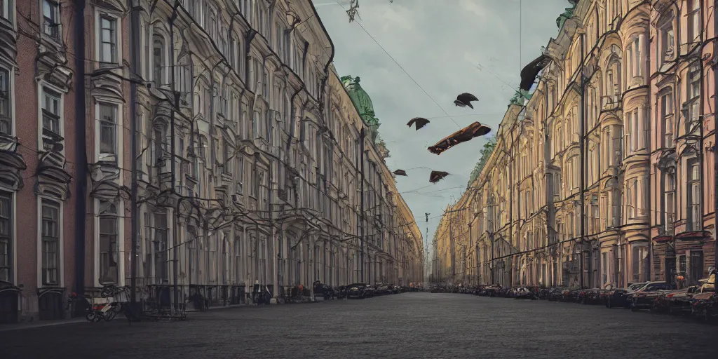 Prompt: cinematic street shot of a flying houses of saint petersburg city, telephoto, anamorphic cinematography, beautiful composition, color theory, leading lines, photorealistic, moody volumetric lighting