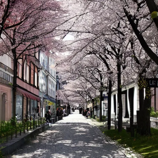Prompt: ”street in Södermalm With cherry trees, trending on artstation, high quality digital art”