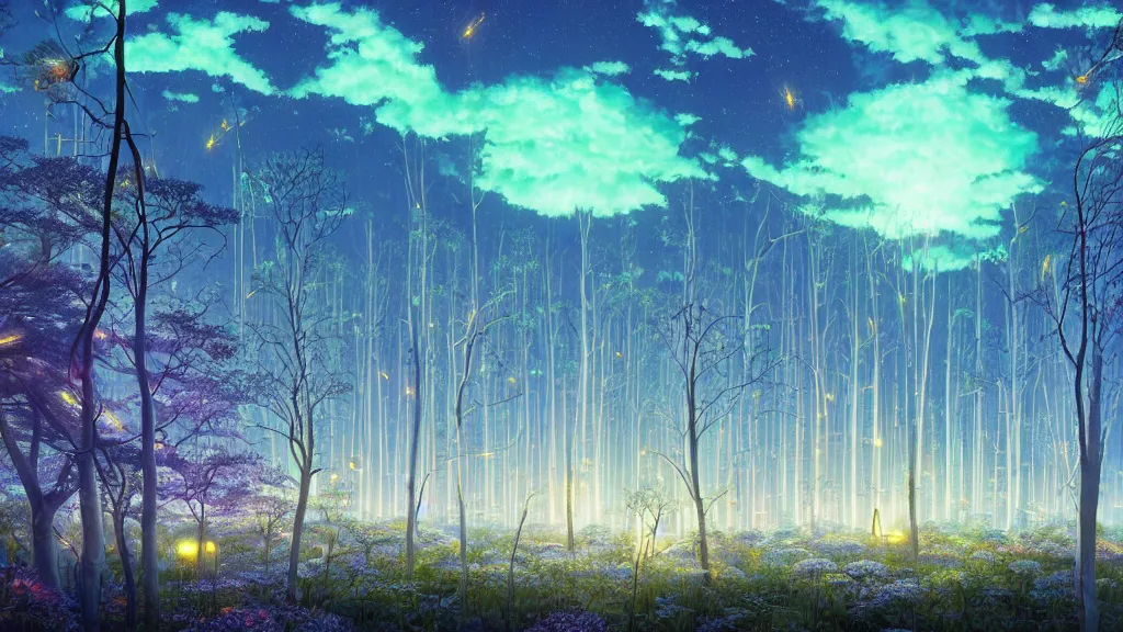 Prompt: a giant forest with fireflies an luminescent wild flowers and futuristic illuminated temples at night and lots of cummulonimbus clouds and a spaceship by makoto shinkai, by moebius!, by oliver vernon, by joseph moncada, by damon soule, by manabu ikeda, by kyle hotz, by dan mumford, by kilian eng