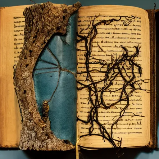 Image similar to a ancient rustic blue leather bound tome, standing open on a wooden stump in a jungle, pages showing their age, cryptic words and drawings visible, vines growing around, mystical lighting, fog, slight glow coming from inside the book