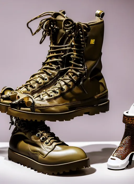 Image similar to hyperrealistic and heavy detailed product photo bape avant garde boots of movie the fifth element, in front of white back drop, whole shoe is in picture, leica sl 2 5 0 mm, vivid color, high quality, high textured, real life