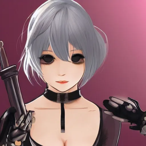 Image similar to 2B from NieR Automata eating a bagel