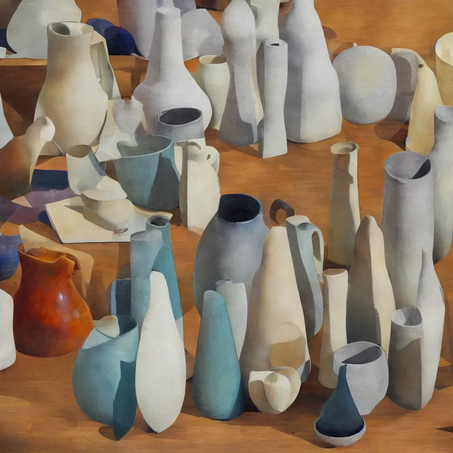 Image similar to beautiful ceramics studio photograph of a ceramics display of tall angular stoneware vase covered with modernist paintings placed on a tablecloth on a wooden table, hyperrealism 8 k trending on artstation