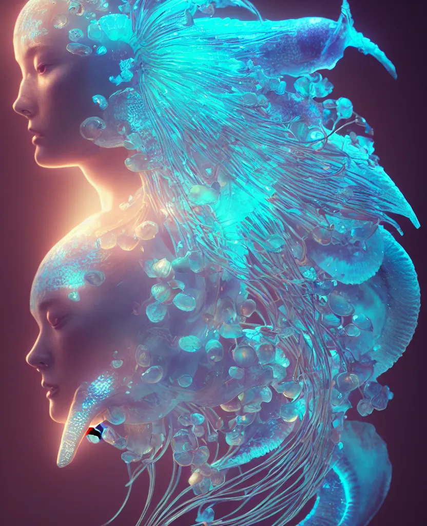 Image similar to goddess close-up portrait. orchid jellyfish phoenix head, nautilus, skull, betta fish, bioluminiscent creatures, intricate artwork by Tooth Wu and wlop and beeple. octane render, trending on artstation, greg rutkowski very coherent symmetrical artwork. cinematic, hyper realism, high detail, octane render, 8k