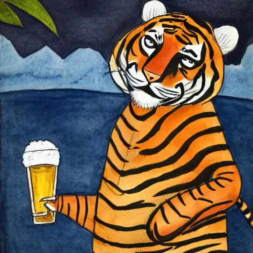 Prompt: a tiger wearing a hawaii shirt drinking a beer at an outdoor bar in stockholm, children\'s book watercolor drawing