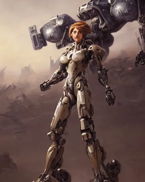 Prompt: daniel gerhartz and artgerm portrait digital rococo painting of a beautiful serious woman wearing a mecha suit, war torn battlefield in the background, unreal engine, hyper realism, realistic shading, cinematic composition, blender render, octane render, hdr, detailed textures, photorealistic, ultrawide shot, 3 5 mm film