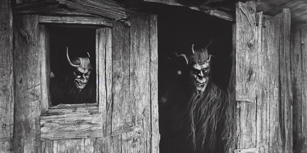 Prompt: 1 9 2 0 s spirit photography of an krampus ghost watching through a window in an old farmers hut in the dolomites, by william hope, farmer tools, wooden cross, haystack, dark, eerie, grainy
