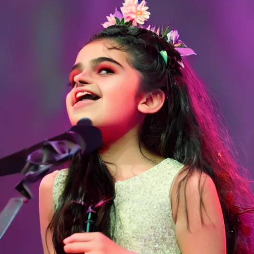 Image similar to Angelina Jordan singing on stage with a bouquet of flowers in her hair