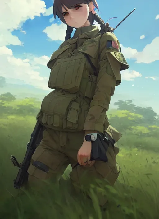 Prompt: portrait of cute soldier girl taking cover, cloudy sky background lush landscape illustration concept art anime key visual trending pixiv fanbox by wlop and greg rutkowski and makoto shinkai and studio ghibli and kyoto animation soldier clothing military gear realistic anatomy mechanized