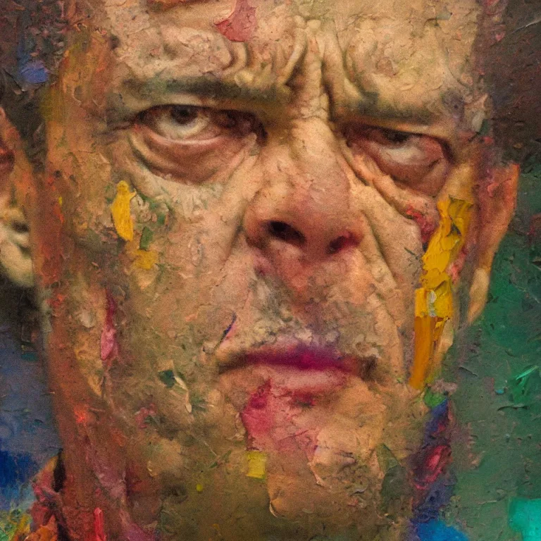 Prompt: colorfully tinted Antique tintype of Beautiful warmly lit close up expressionistic oil painting studio portrait of very angry! Tom Hanks, impasto oil painting heavy brushstrokes by Cy Twombly and Anselm Kiefer , trending on artstation dramatic lighting abstract Expressionism