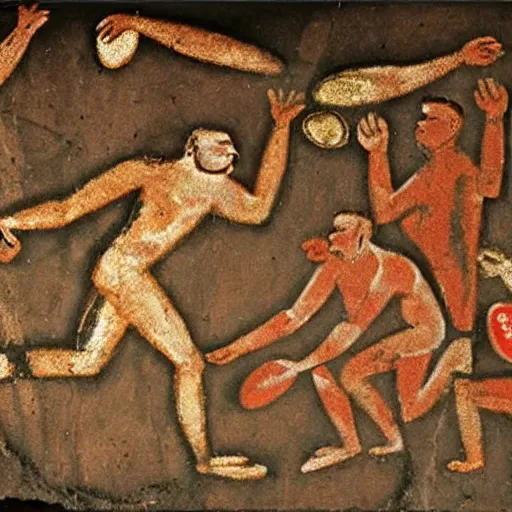 Image similar to ancient cave painting of a rugby match between england and ireland