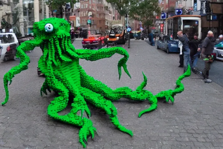 Prompt: Cthulhu, made out of Legos, walking down a city street, photo realistic