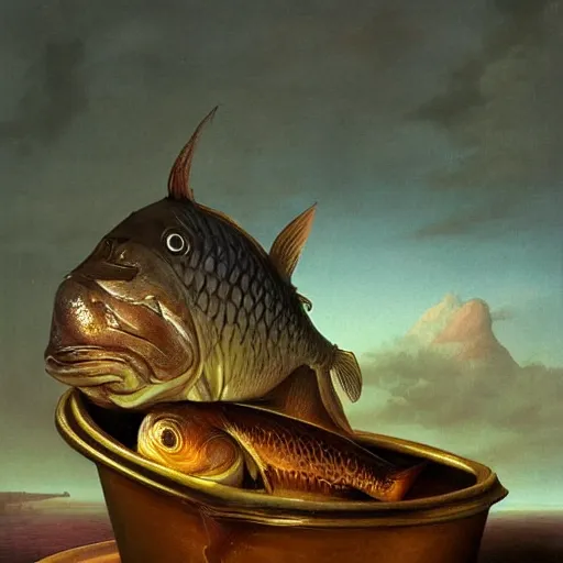 Image similar to a fish on the top of a pile of fish, inside a cooking pot, side view, by vladimir kush, dystopian aer, rococo