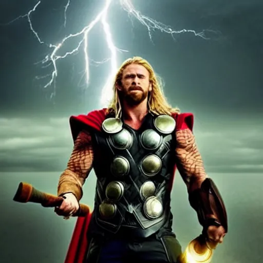 Prompt: “ thor holding his hammer high above his head, lightning and super storm in the background of a bay field, realistic, impressive, god rays, cinematic, stunning, high complexity, very detailed ”