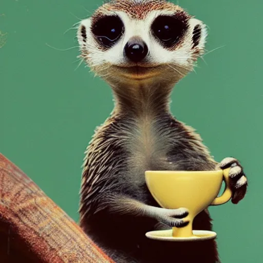 Prompt: meerkat drinking coffee, hedgehog drinking martini, cinematic, kodachrome