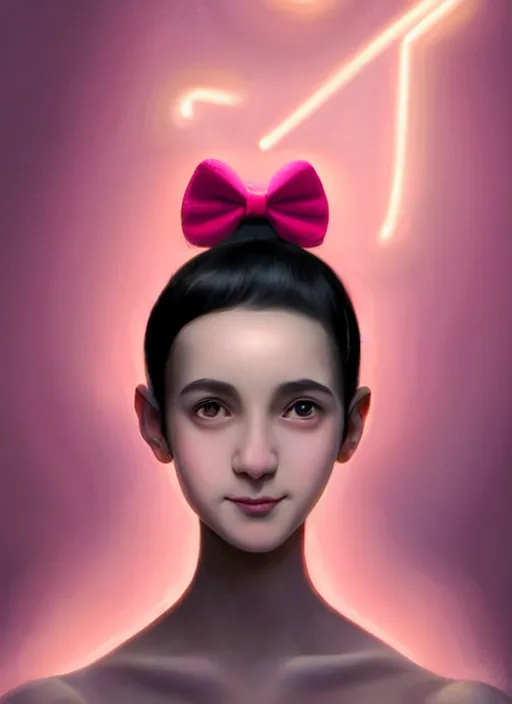 Image similar to portrait of teenage girl, narrow face, black hair, bangs, half updo hairstyle, pointy nose, skinny, smile, unattractive, defined jawline, big chin, pink hair bow, earrings, intricate, elegant, glowing lights, highly detailed, digital painting, artstation, sharp focus, illustration, art by wlop, mars ravelo and greg rutkowski