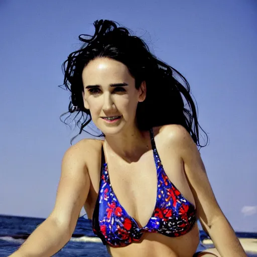 Image similar to Portrait Photography, medium closeup of young jennifer connelly poses in 2 Piece Mini Micro Push Up Swimsuits at summer beach, confident pose, fierce expression, intricate details, detailed face, detailed illustration, impressive lighting, symmetrical features, ultra detailed, 12 megapixels