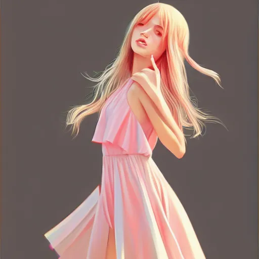 Image similar to happy adult female in sundress, summer dress, pastel light pink very long hair, muted colors, matte print, pastel colors, 2d, ultra highly detailed, digital art, digital painting, fan art, elegant, artstation, head is centered, by Ilya Kuvshinov