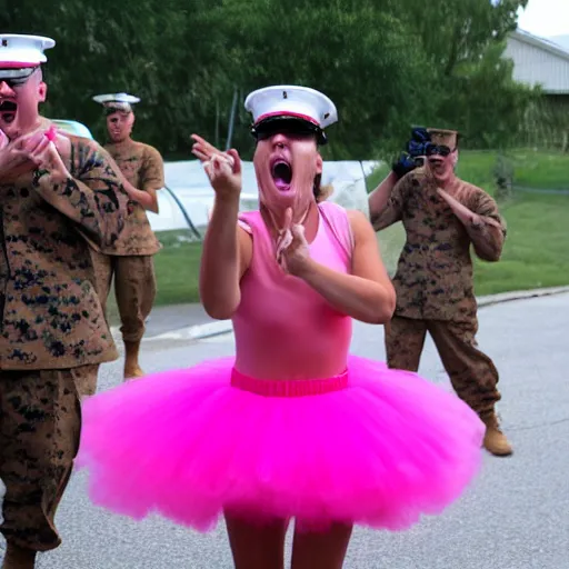 Image similar to a marine screaming while wearing a pink tutu