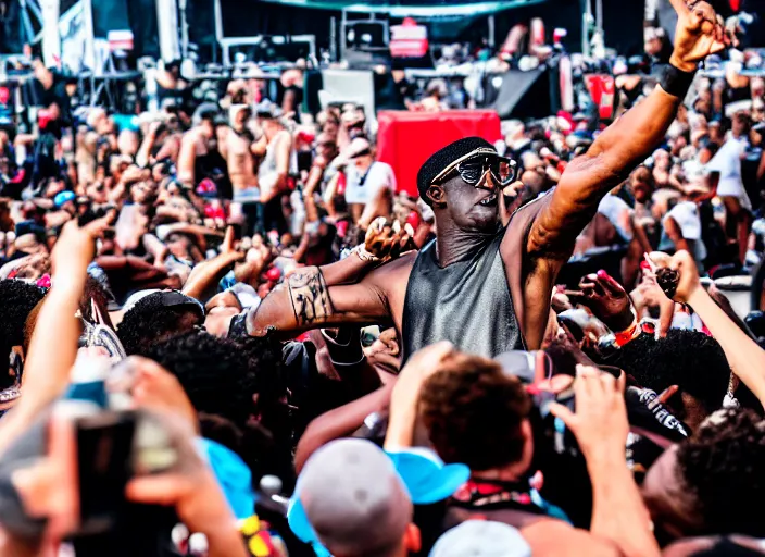 Image similar to photo still of wesley snipes from demolition man on stage at vans warped tour!!!!!!!! at age 3 3 years old 3 3 years of age!!!!!!!! stage diving into the crowd, 8 k, 8 5 mm f 1. 8, studio lighting, rim light, right side key light