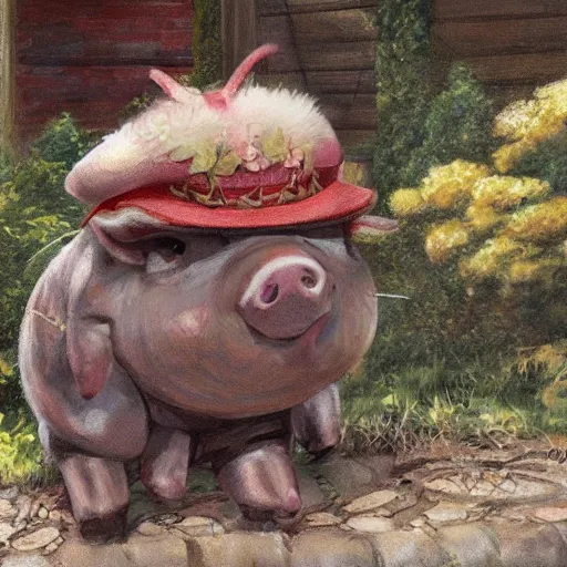 Image similar to semi realistic anime cute and adorable miniature piggy pig2 wearing a cute hat on garden during a summer day, highly detailed, digital painting, artstation, concept art, smooth, sharp focus, illustration, art by yee chong and sydney hanson and rossdraws and greg rutkowski