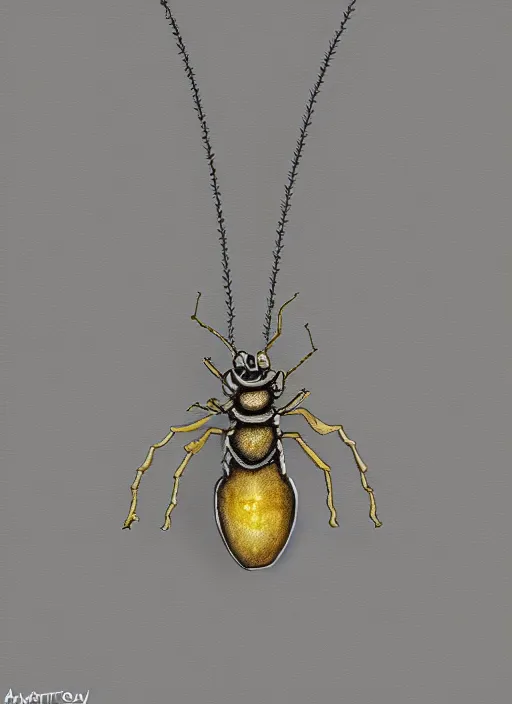 Image similar to concept art of small insect pendant, fantasy illustration, trending on artstation, dungeon and dragon, symmetry