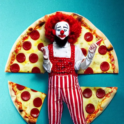 Image similar to clown cosplaying as a pizza, clowcore, michelin star food, clowncore funhouse, photo by annie leibowitz