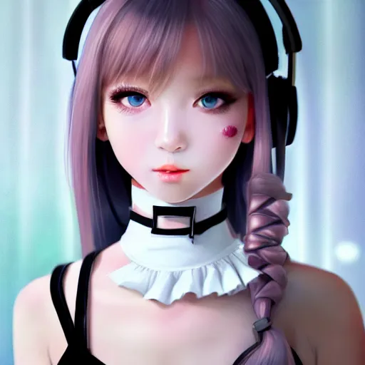 Image similar to realistic detailed semirealism beautiful gorgeous cute Blackpink Lalisa Manoban white hair white cat ears blue eyes, wearing black camisole maid outfit, headphones, black leather choker full HD 4K high resolution quality WLOP, Aztodio, Taejune Kim, Guweiz, Pixiv, Instagram, Artstation