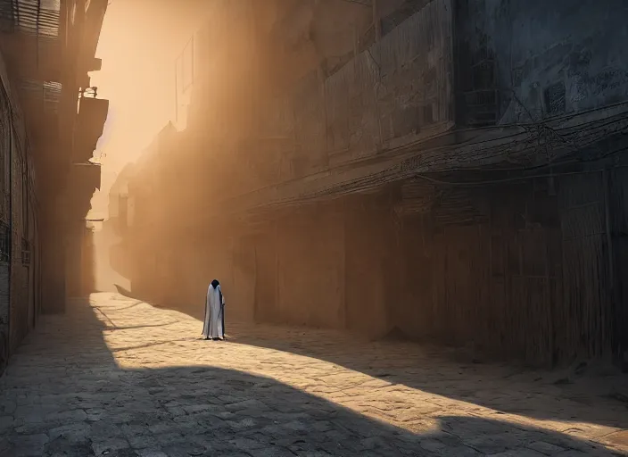 Image similar to old jeddah city alley, roshan, old shops, horse, magical glowing sand gateway to another dimension, a man wearing a white robe standing watching over, fantasy, dramatic lighting, dawn, by caspar david friedrich, unreal engine 5