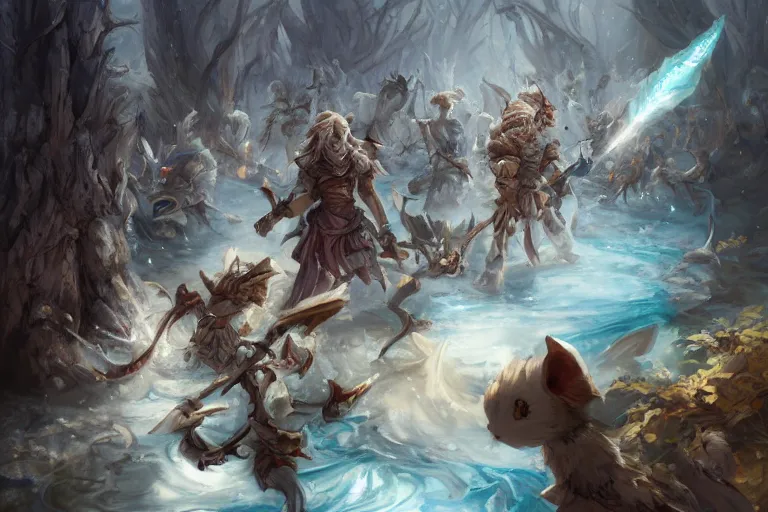 Prompt: dungeons and dragons fantasy painting, close order phalanx of mice spartans, 3 0 0, whimsical and cute, determined expressions, watery blue eyes, anime inspired by krenz cushart, white fur, tufty whiskers, steel blades, dawn lighting, in an autumn glade by brain froud jessica rossier and greg rutkowski