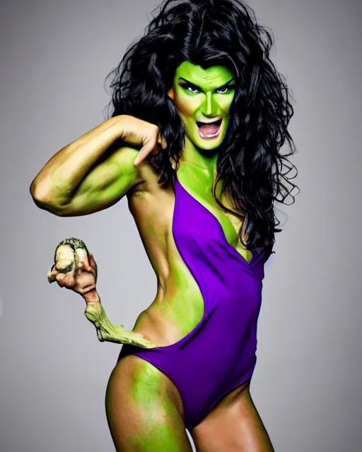 Image similar to photoshoot of the beautiful angie harmon as the sensational she hulk, she is wearing a purple one piece swimsuit, hyperreal, highly detailed, photos in the style of annie leibovitz, studio lighting, soft focus, bokeh