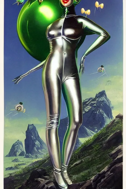 Image similar to beautiful alien extraterrestrial species female babe in a tight fitting silver metallic bikini spacesuit, , big silver head with eyestalk antennae, green skinned, big black almond shaped alien eyes by Mort Kunstler and Gil Elvgren