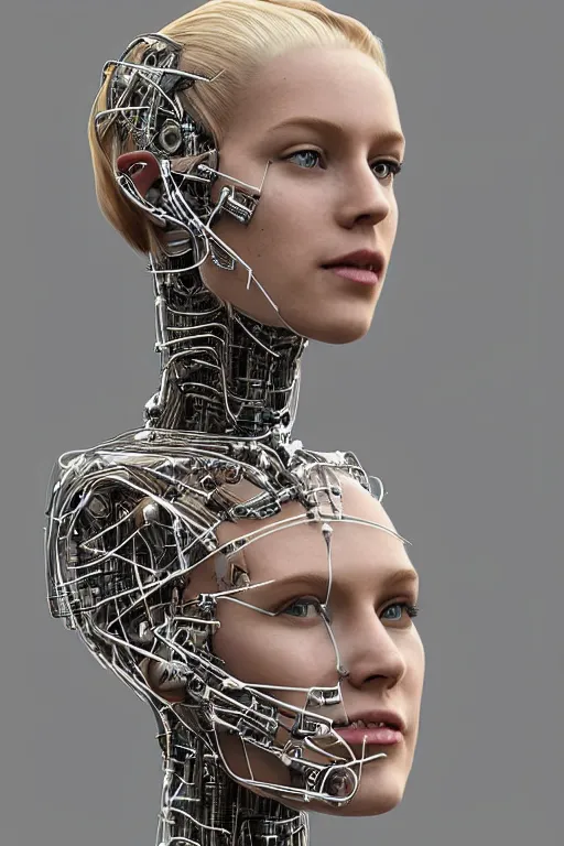 Image similar to robot with human face, female head, full body angle, woman human face, human face realistic, beautiful blonde hair, human head, human head with blonde hair, blonde hair human head, blonde hair, human realistic face, human head skin, cyborg frame concept, cyborg by ales-kotnik, sci-fi android female, the body is made of wires, robotic body, cyborg body, cyborg bust body, robot body cyborg, full body