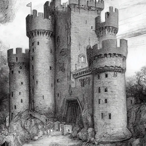 Prompt: a very tall grand english castle in the english country side, its walls have never fallen and its red flags ever beautiful, built of large heavy white stones, dnd card art, fantasy comics, pen drawing, hyper detailed, extremely complex, hyper realistic, intricate classic art, masterful, great works of the masters, art by rembrandt and leonardo da vinci