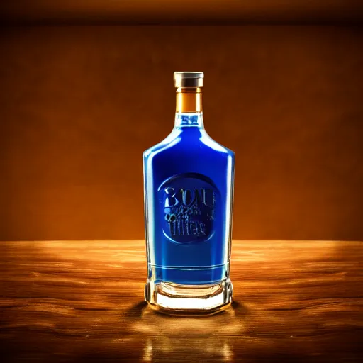 Image similar to A highly detailed digital art of a bottle of blue whiskey on a round table, volumetric lighting, 4k resolution, warm,