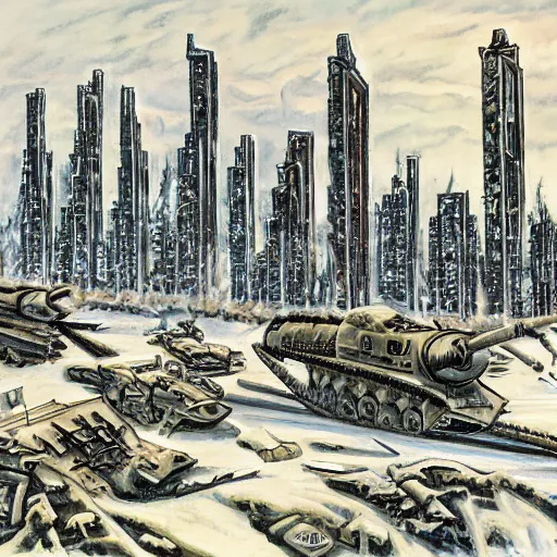Image similar to battle of stalingrad in edmonton alberta, yeg, yeg, bibliotank, brutalism architecture, in winter, cold war, in the style of kelly freas, cityscape,