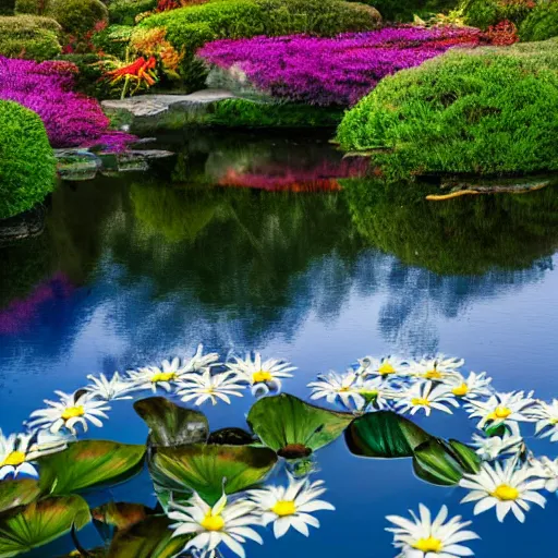 Prompt: blue lilies on a highly reflective Japanese reflecting pool with multi-color water